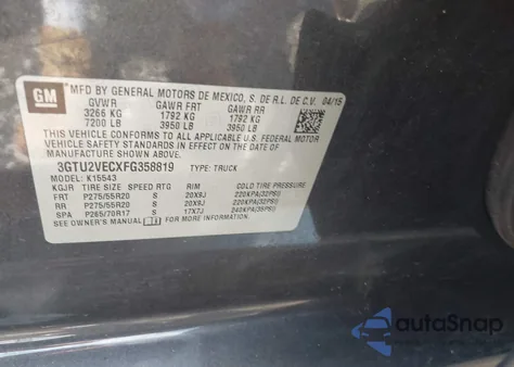 2015 GMC Sierra 1500 Slt z USA, uszkodzony, nr VIN 3GTU2VECXFG358819